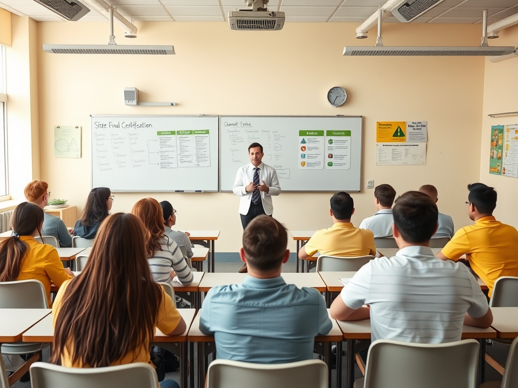 Преподаватель проводит занятие в классе, студенты внимательно слушают на задних рядах.