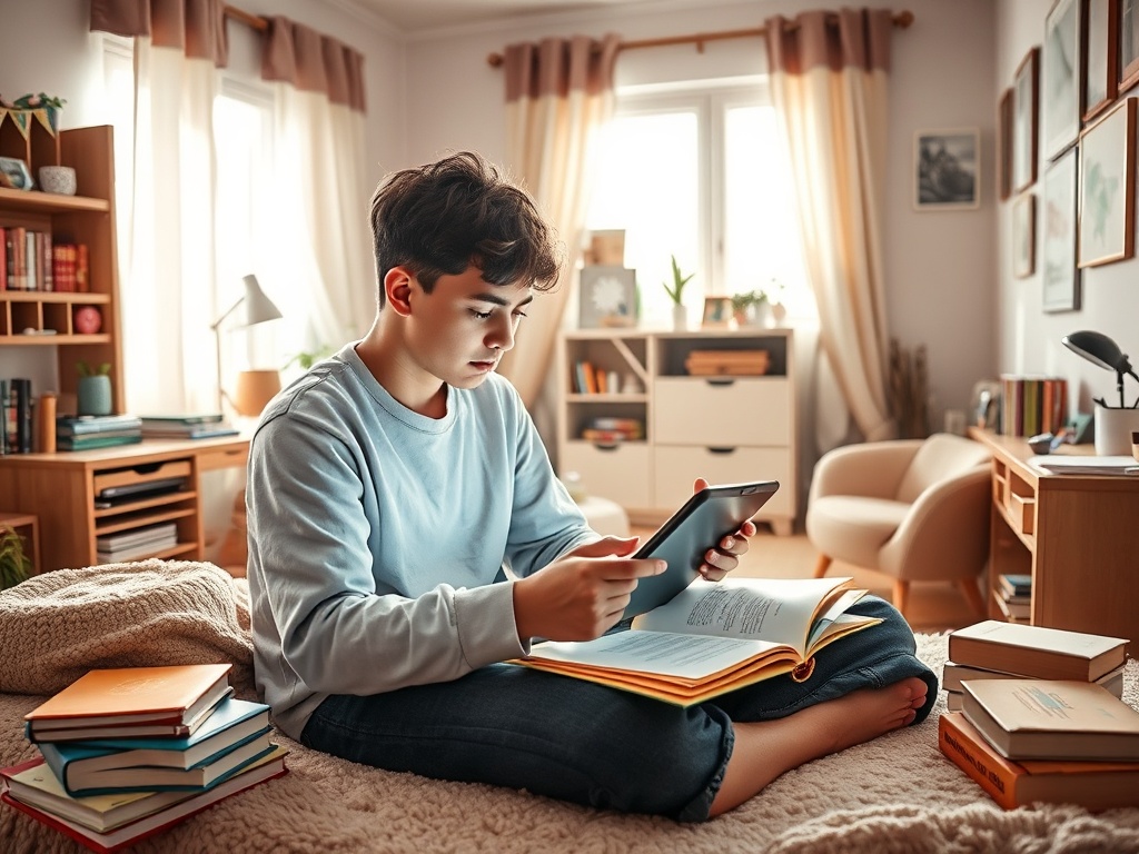 Подросток сидит на кровати с книгой и планшетом в уютной комнате, окружённой книгами и светом.