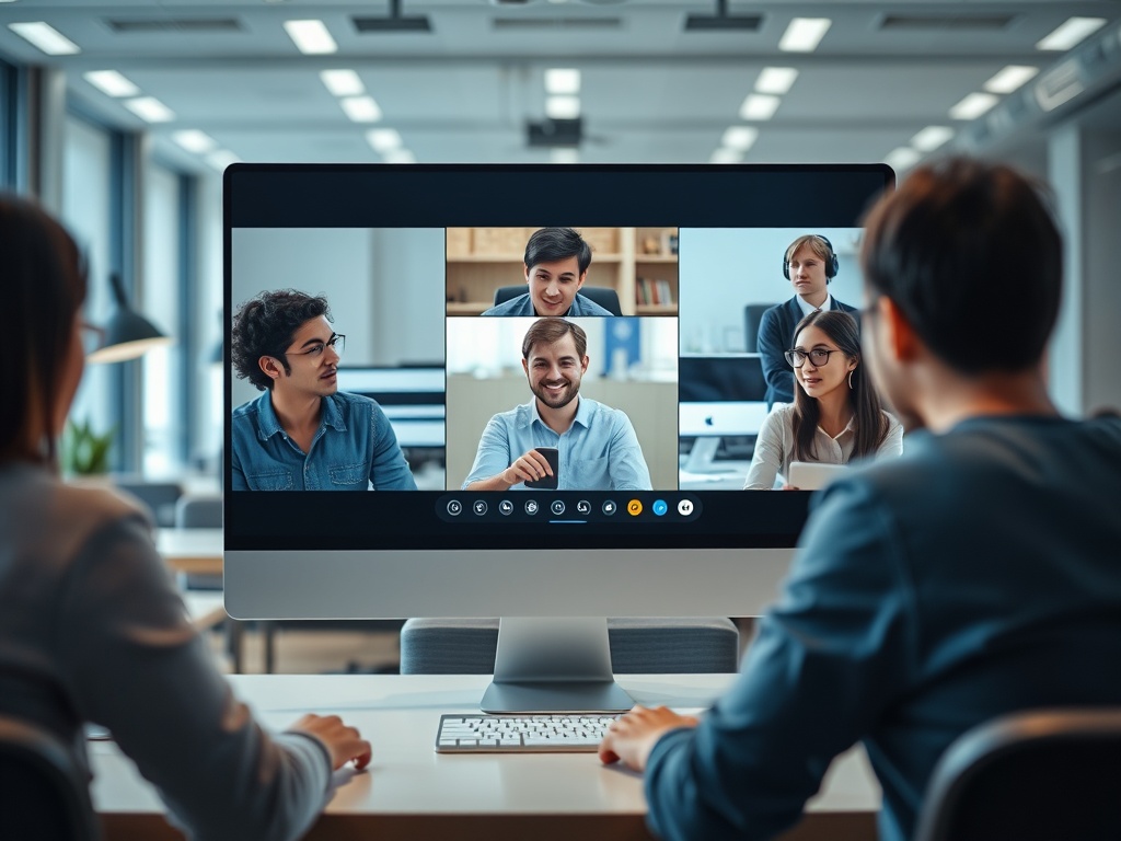 Два человека участвуют в видеозвонке с пятью участниками на экране компьютера в офисной обстановке.