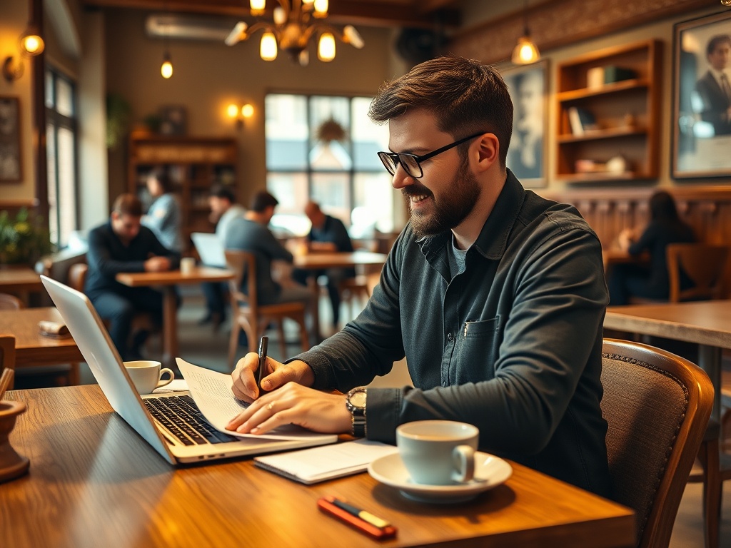 Мужчина сидит в кафе, работает на ноутбуке и делает заметки, наслаждаясь чашкой кофе.