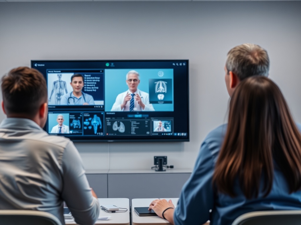 Трое людей участвуют в видеоконференции с врачами, обсуждая медицинские изображения на экране.