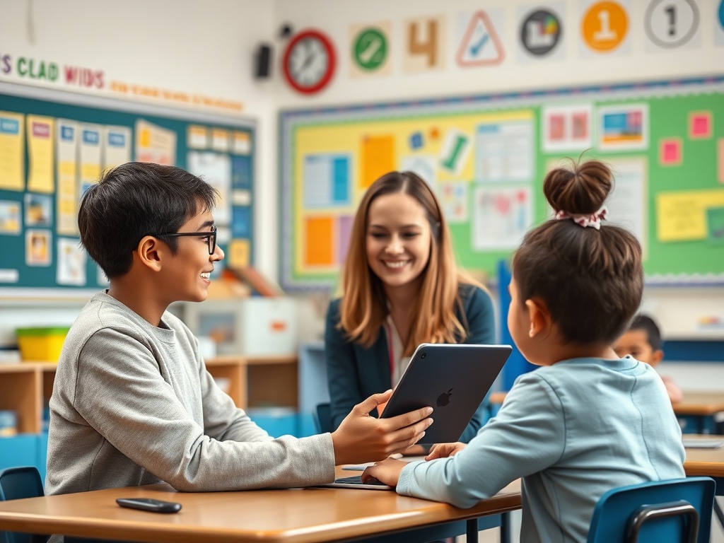 В классе ученики и учитель обсуждают планшет, улыбаясь и наслаждаясь процессом обучения.