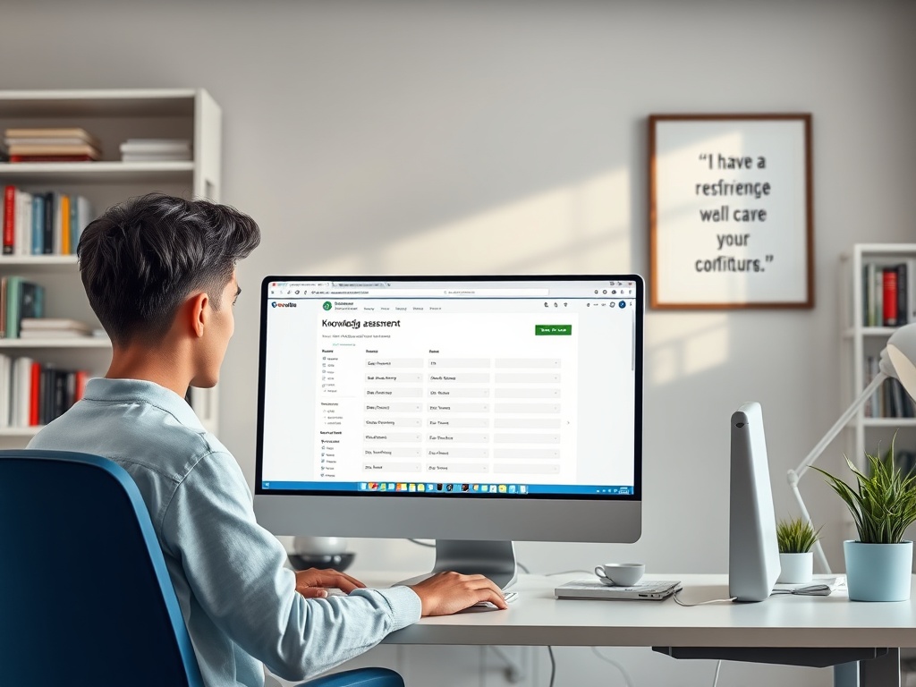 Молодой человек сидит за компьютером, просматривая онлайн-оценку, с книгами на полке позади.