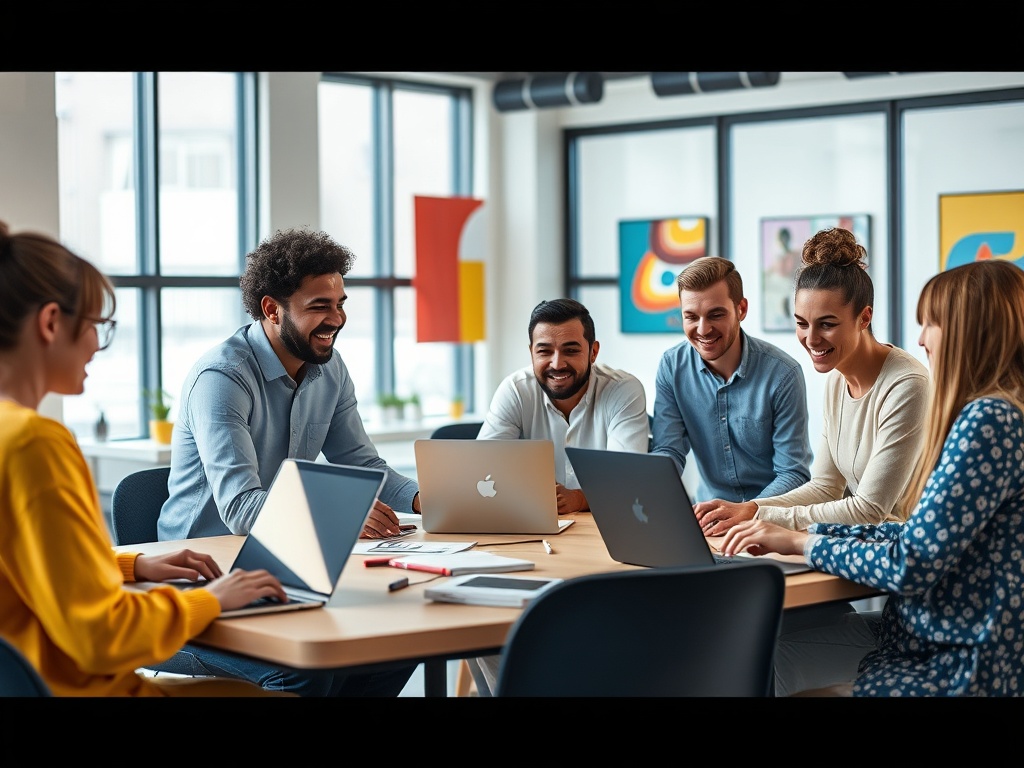 Группа людей обсуждает идеи за круглым столом с ноутбуками в современном офисе. Счастливые улыбки.