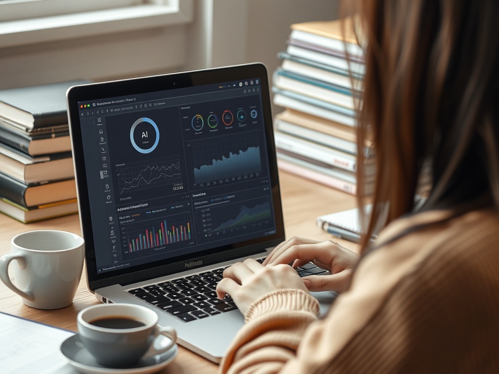 Женщина работает за ноутбуком, анализируя данные и графики. На столе чашки кофе и стопка книг.
