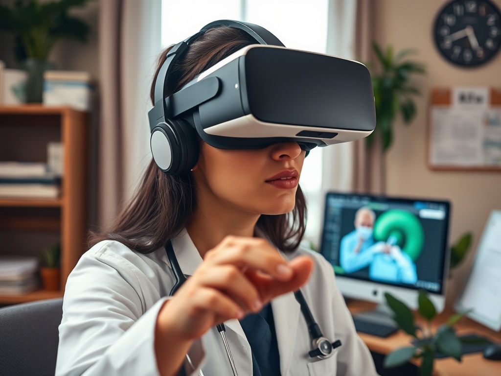 Женщина-враче в очках виртуальной реальности, сосредоточенно взаимодействует с технологией в кабинете.