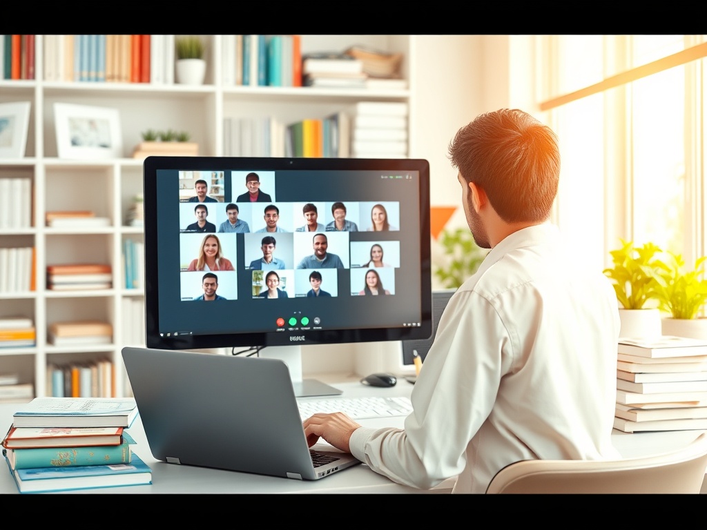 Человек участвует в видеоконференции, смотря на экран с множеством участников. Книжные полки на фоне.