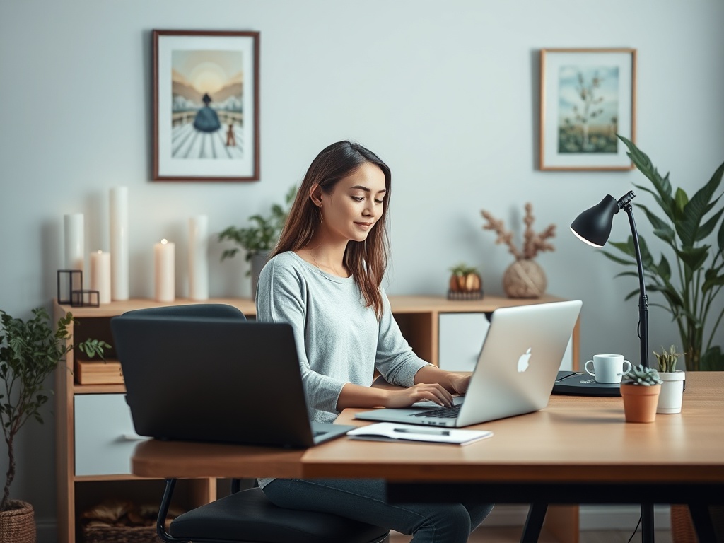 Женщина работает за столом в уютном офисе с ноутбуком, растениями и декоративными элементами на стенах.