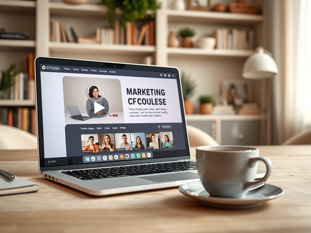 На столе стоит ноутбук с курсом по маркетингу и чашка кофе. На заднем плане книги и домашний декор.