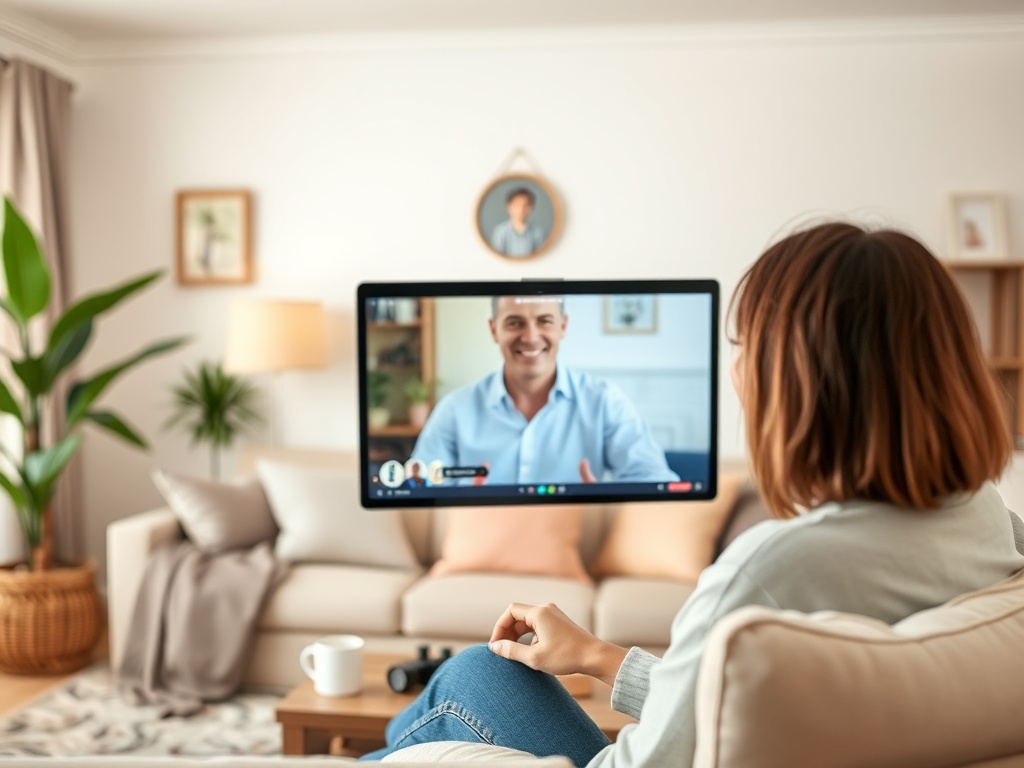 Человек сидит на диване и разговаривает по видеосвязи с улыбающимся мужчиной на экране.