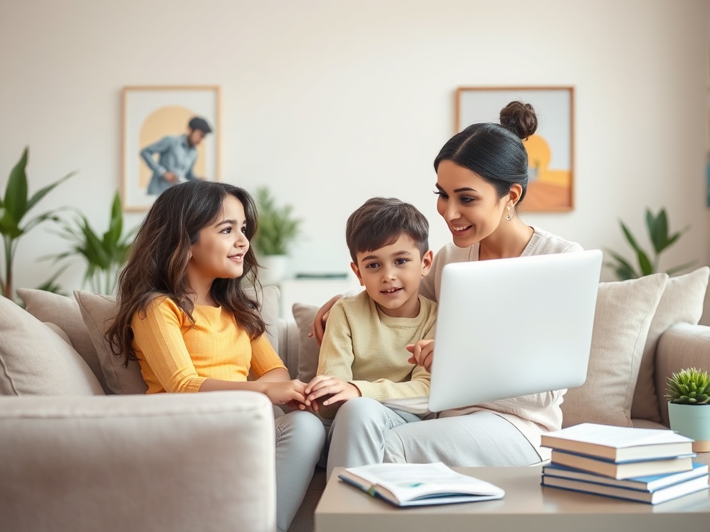 На изображении мама с двумя детьми улыбаются, смотря на экран ноутбука на диване в светлом помещении.