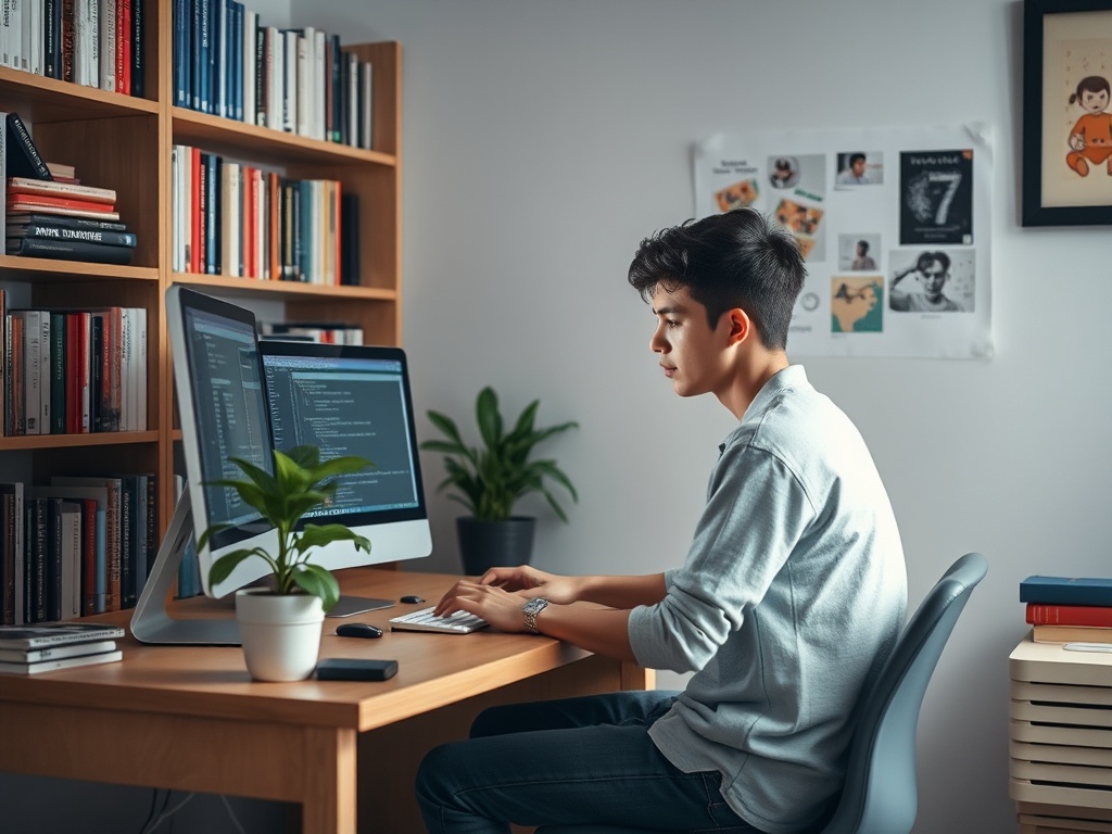 Молодой человек сидит за столом с компьютером, работает, вокруг книги и комнатные растения.