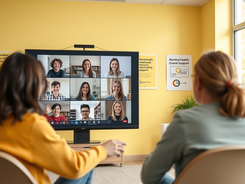 Два человека сидят, смотрят на экран с видеозвонком, на котором несколько участников. Желтые стены вокруг.