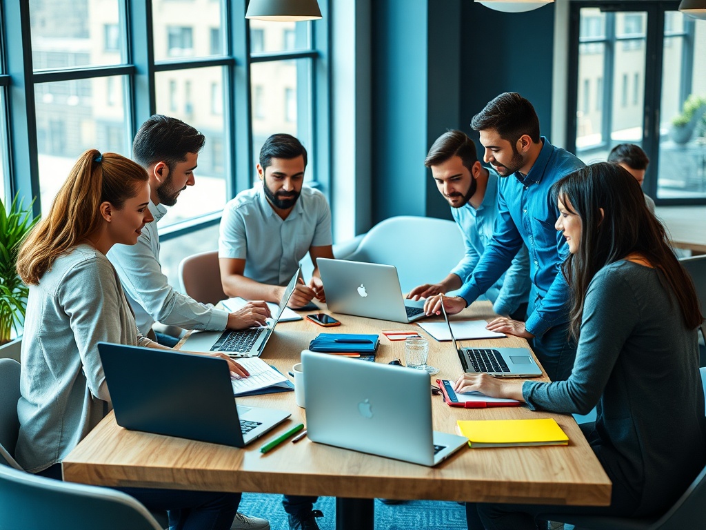 Группа людей обсуждает идеи за столом, используя ноутбуки и заметки в современном офисе.