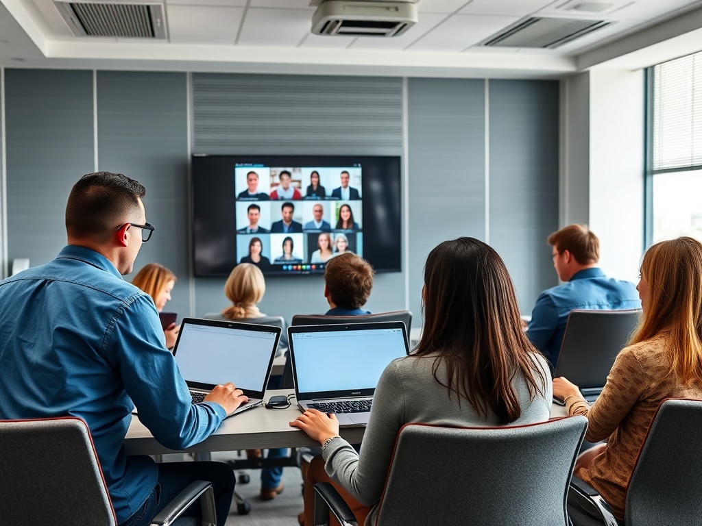 Группа людей на видеоконференции в офисе, сидящие за столом с ноутбуками и экраном на стене.