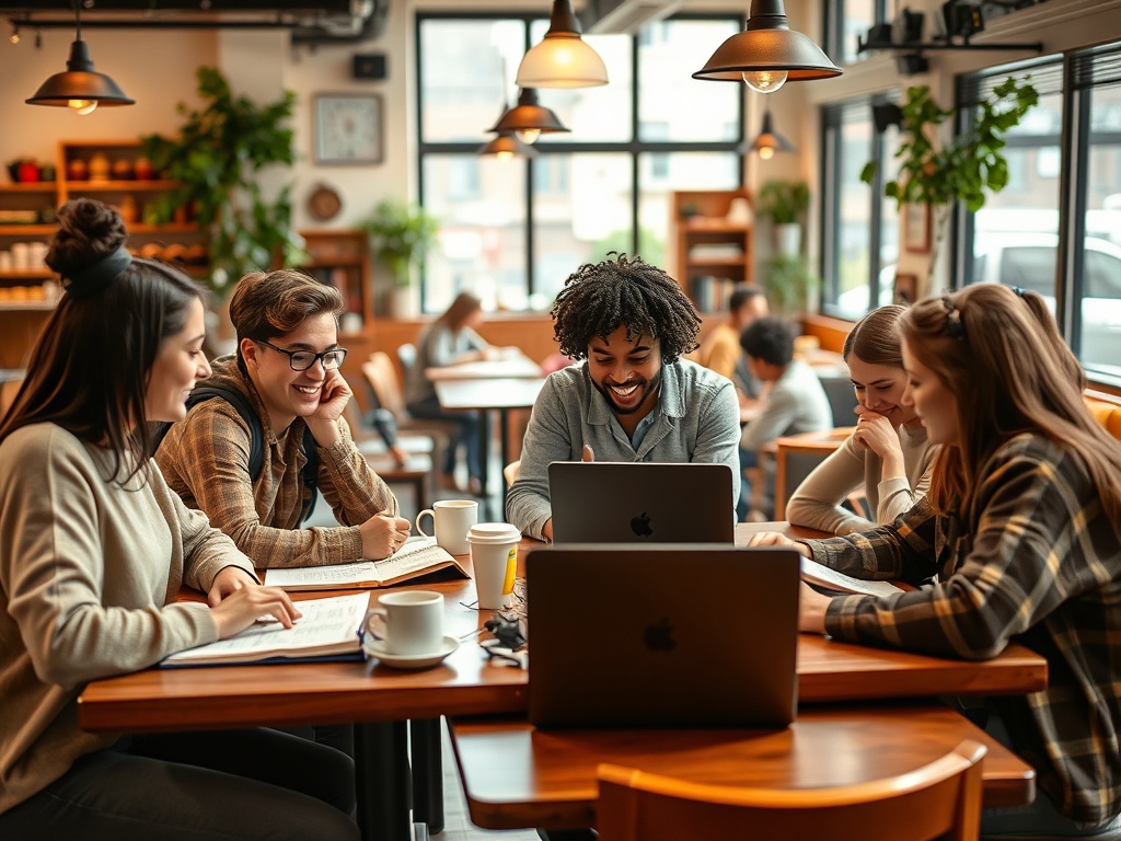 Группа студентов обсуждает проект в уютной кафе, с ноутбуками и чашками кофе на столе.