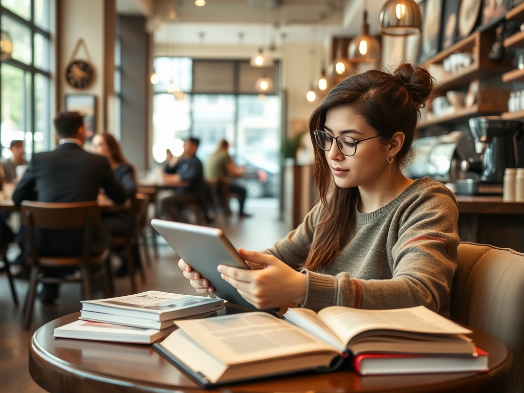 Молодая женщина с планшетом сидит в кафе за столом с книгами, вокруг неё люди общаются.