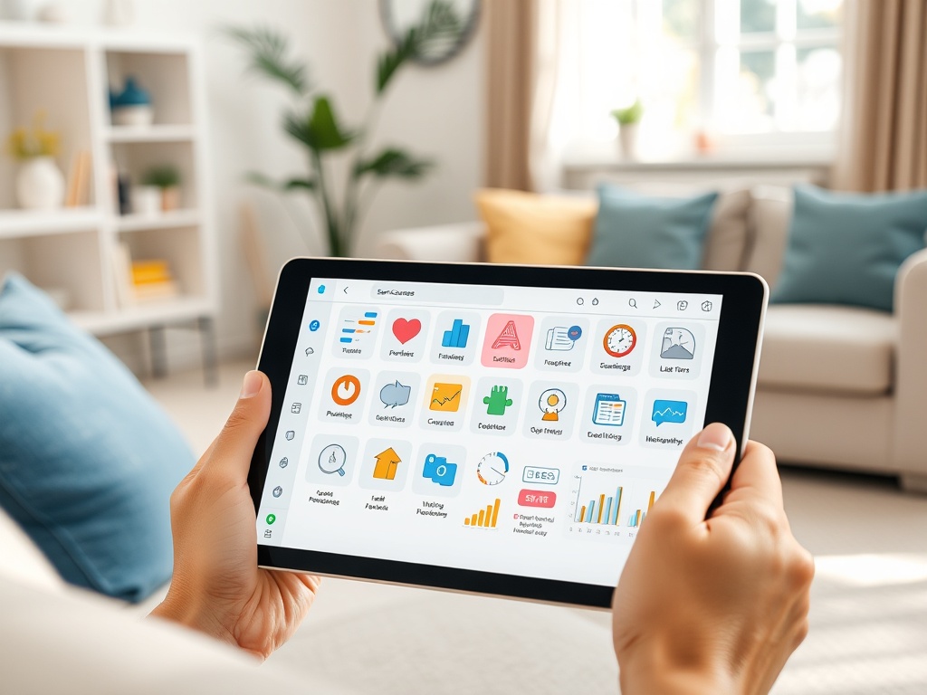На изображении показан человек, удерживающий планшет с различными иконками приложений в интерьере комнаты.