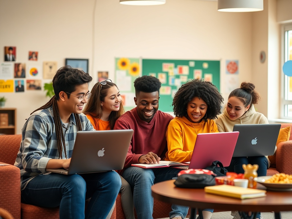 Группа студентов, сидящих на диване, работает за ноутбуками и обсуждает учебный материал.