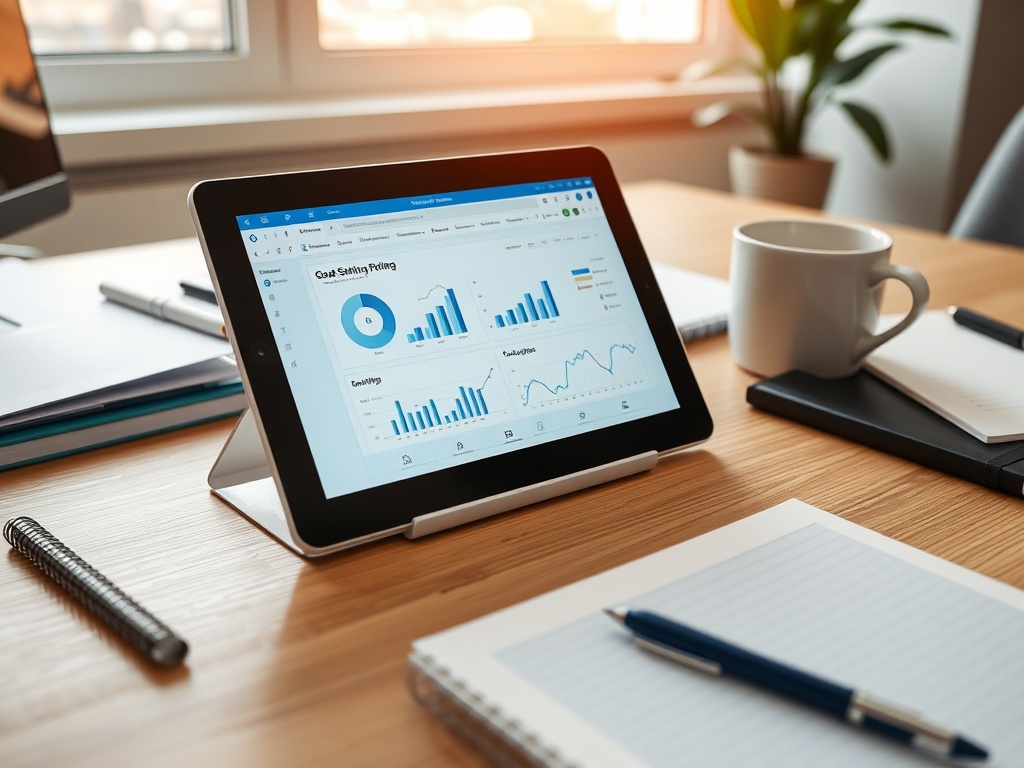 На столе планшет с диаграммами, рядом блокнот, ручка и кружка с кофе на фоне окна.