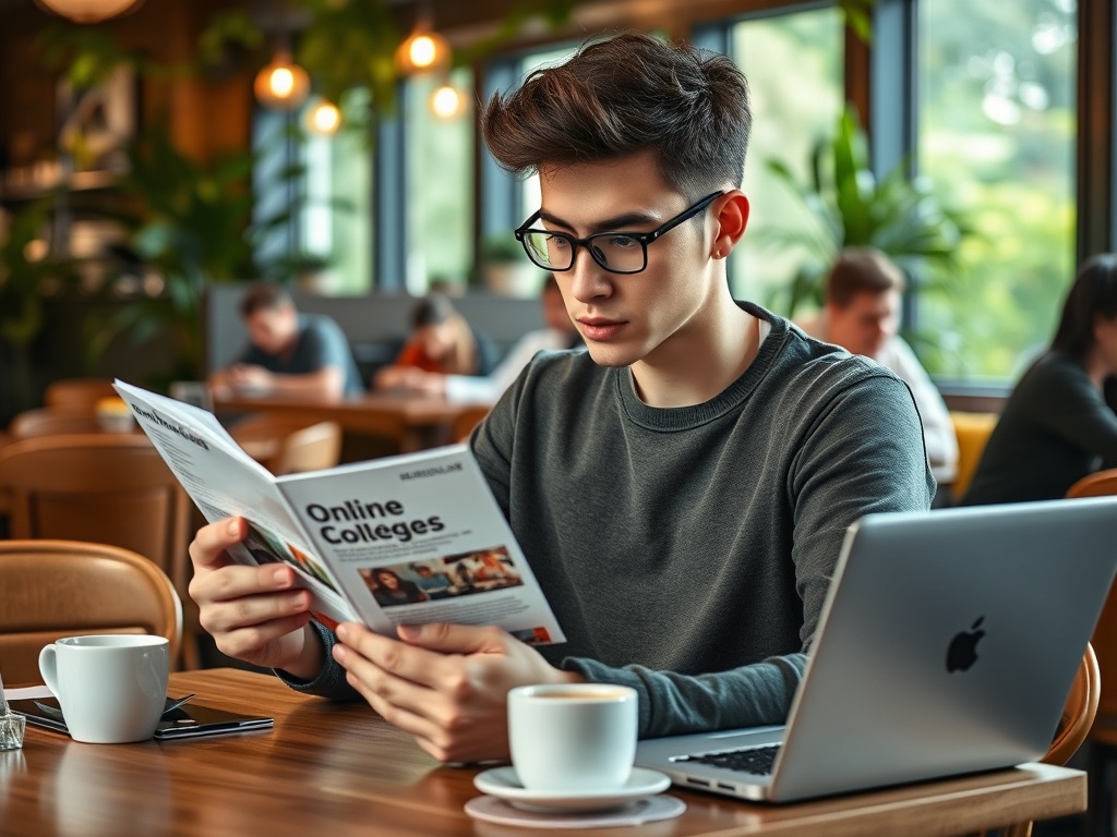 Молодой человек в очках читает буклет о онлайн-колледжах, рядом ноутбук и чашка кофе.