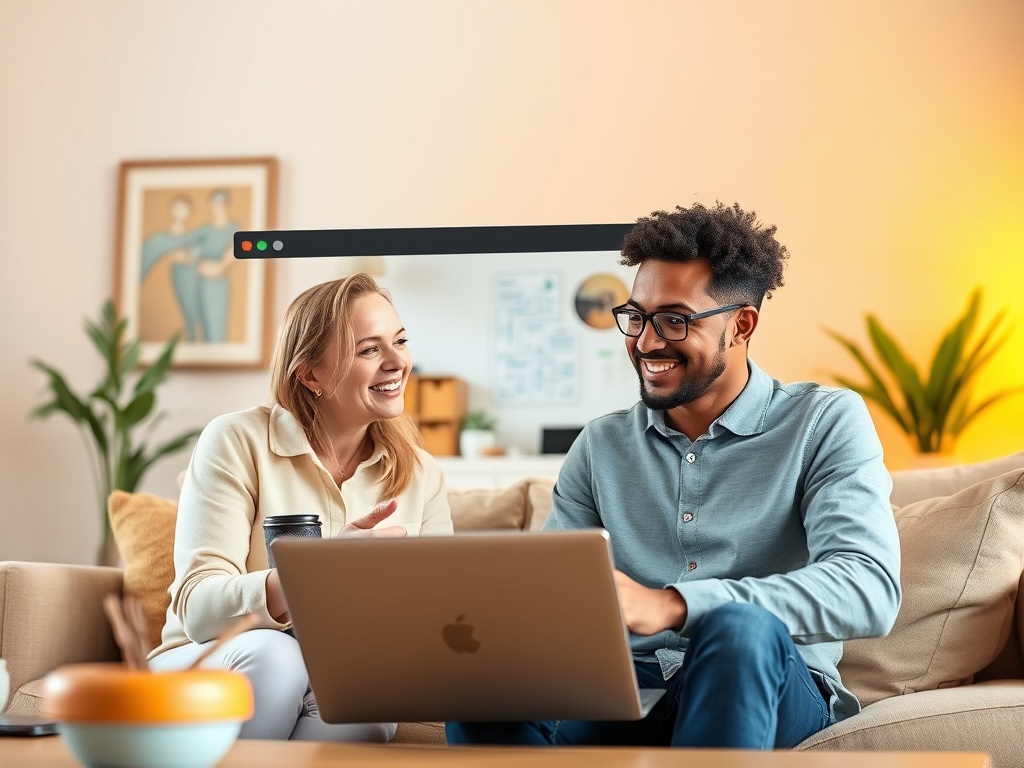 Два человека сидят на диване, улыбаются и работают за ноутбуком в уютной комнате.