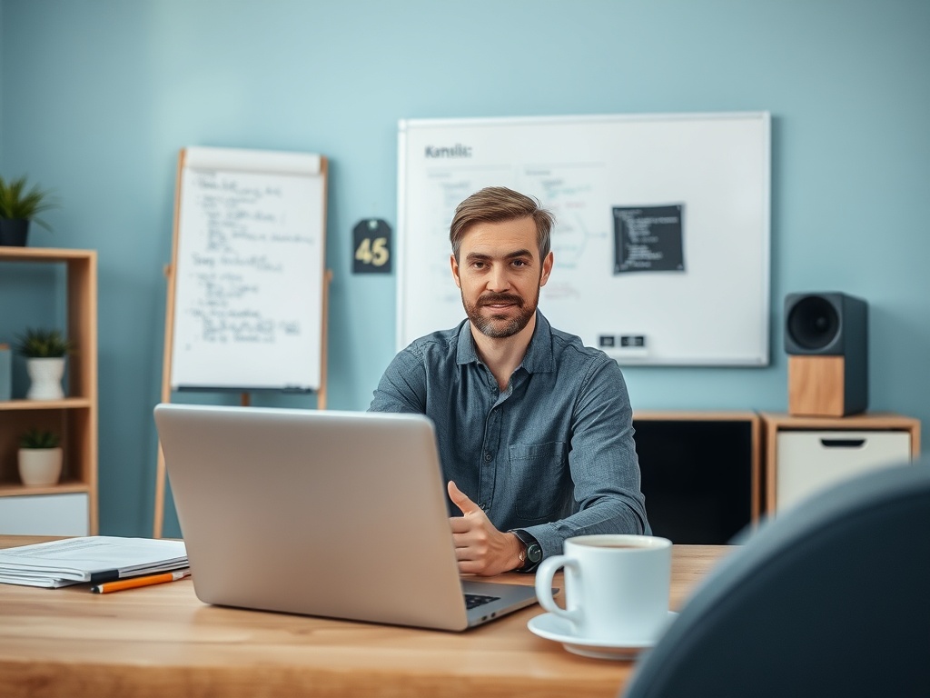 Мужчина сидит за столом с ноутбуком, кофе и блокнотами, на фоне учебного материала и доски.