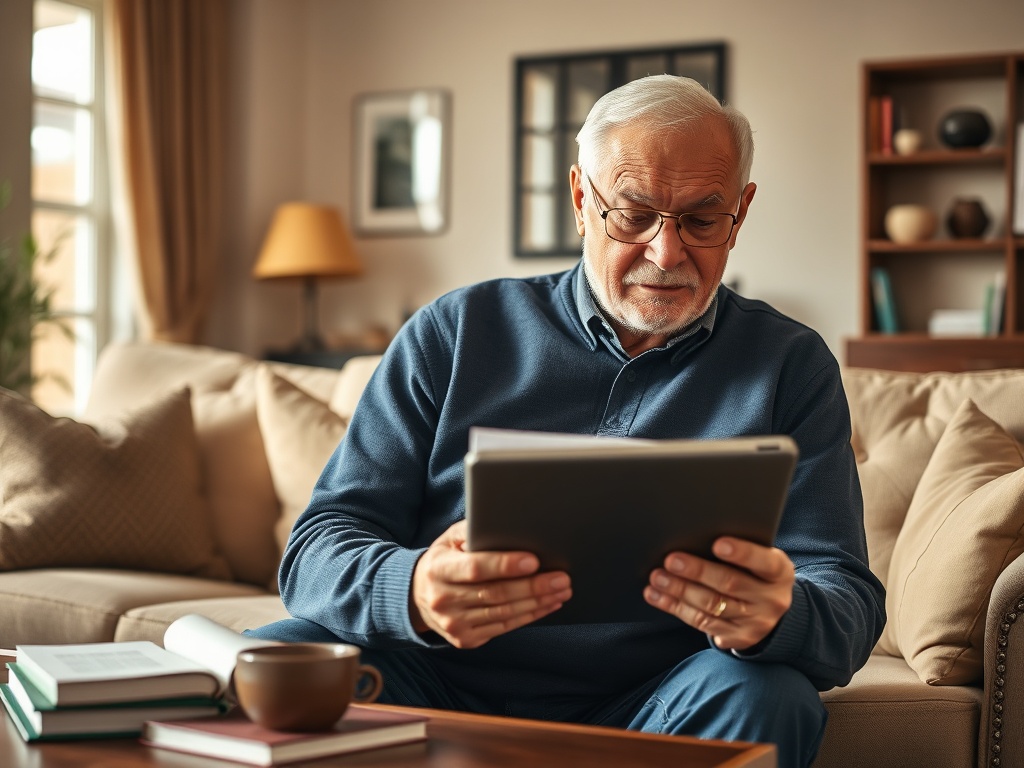 Пожилой мужчина читает документы на планшете, сидя на диване в уютной комнате. У него чашка с кофе.