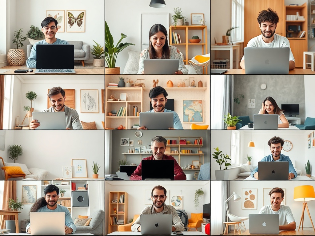 Двенадцать человек, работающих за ноутбуками в уютных домашних условиях, улыбаются и общаются.