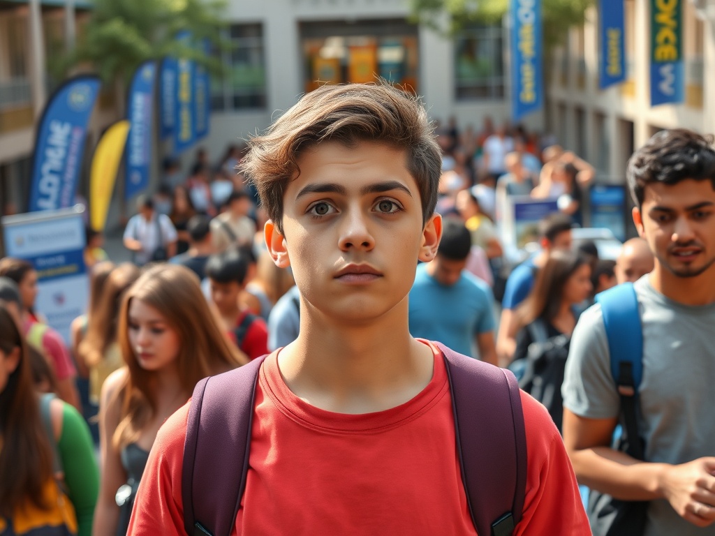 Студенты на кампусе, один молодой человек в центре с рюкзаком, вокруг него множество людей.