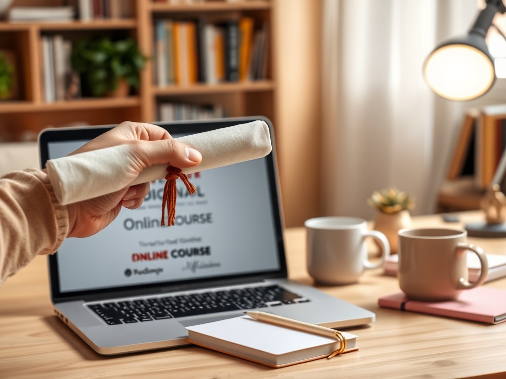 Человек держит сверток на фоне ноутбука с экраном онлайн-курса и чашками на столе.
