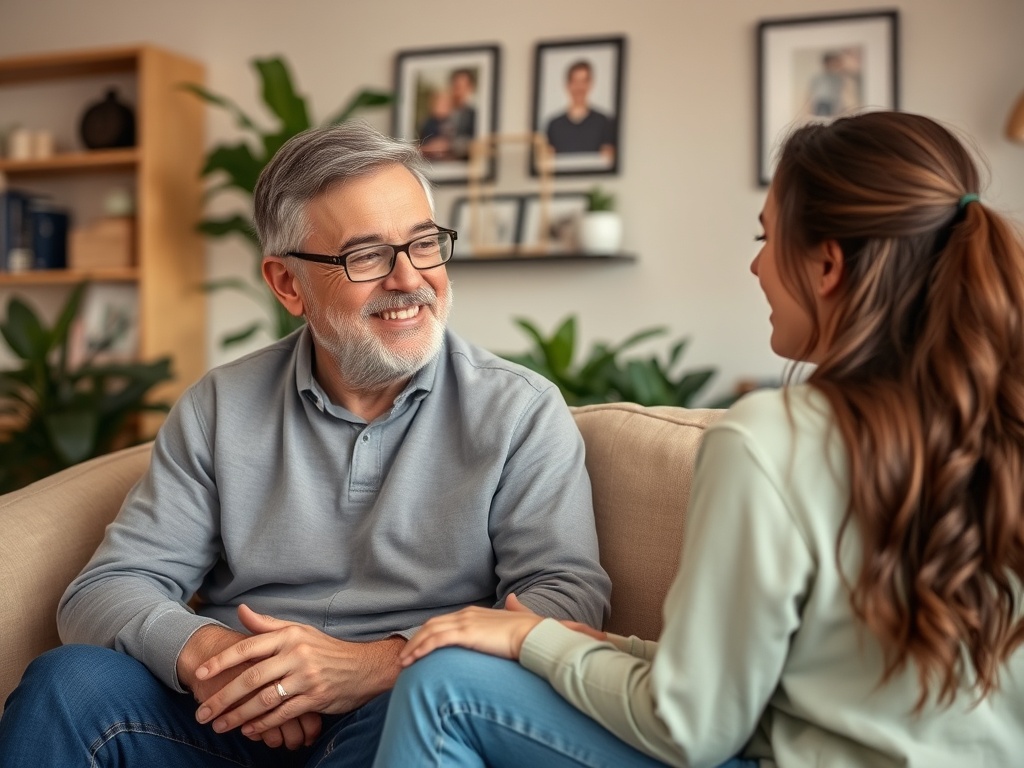 Пожилой мужчина и молодая женщина беседуют на диване в уютной комнате, окруженной зелеными растениями.