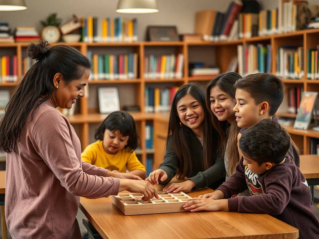 Дети и взрослый играют с игровым набором в библиотеке, окружённые книгами и книжными полками.