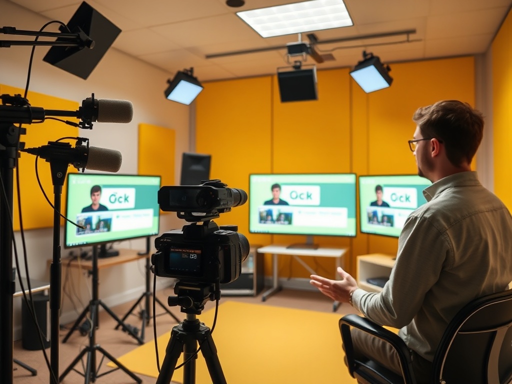 Студия для записи видео с двумя экранами, камерой и микрофонами. Молодой человек говорит в направленном центре.
