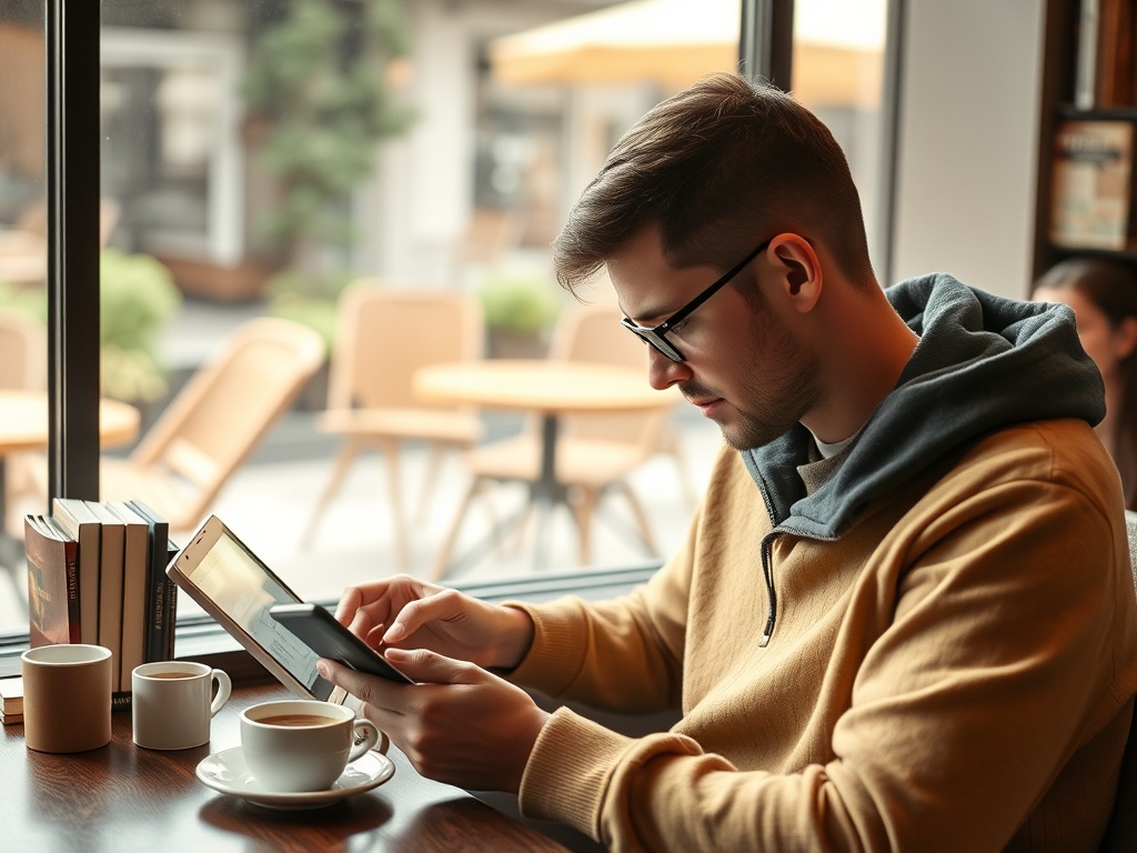 Молодой человек сидит в кафе, используя планшет и телефон, рядом чашки кофе и книги.
