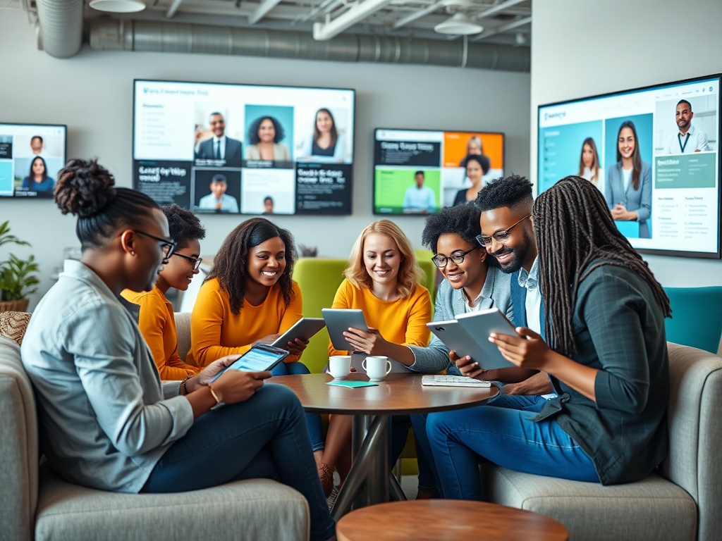 Группа людей в желтых свитерах обсуждает на планшетах в современном офисе. На экранах видны презентации.