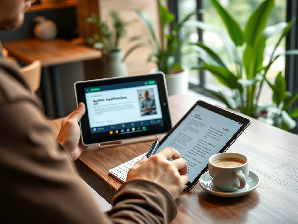 Человек сидит за столом, используя два планшета и чашку кофе, окруженный зелеными растениями.