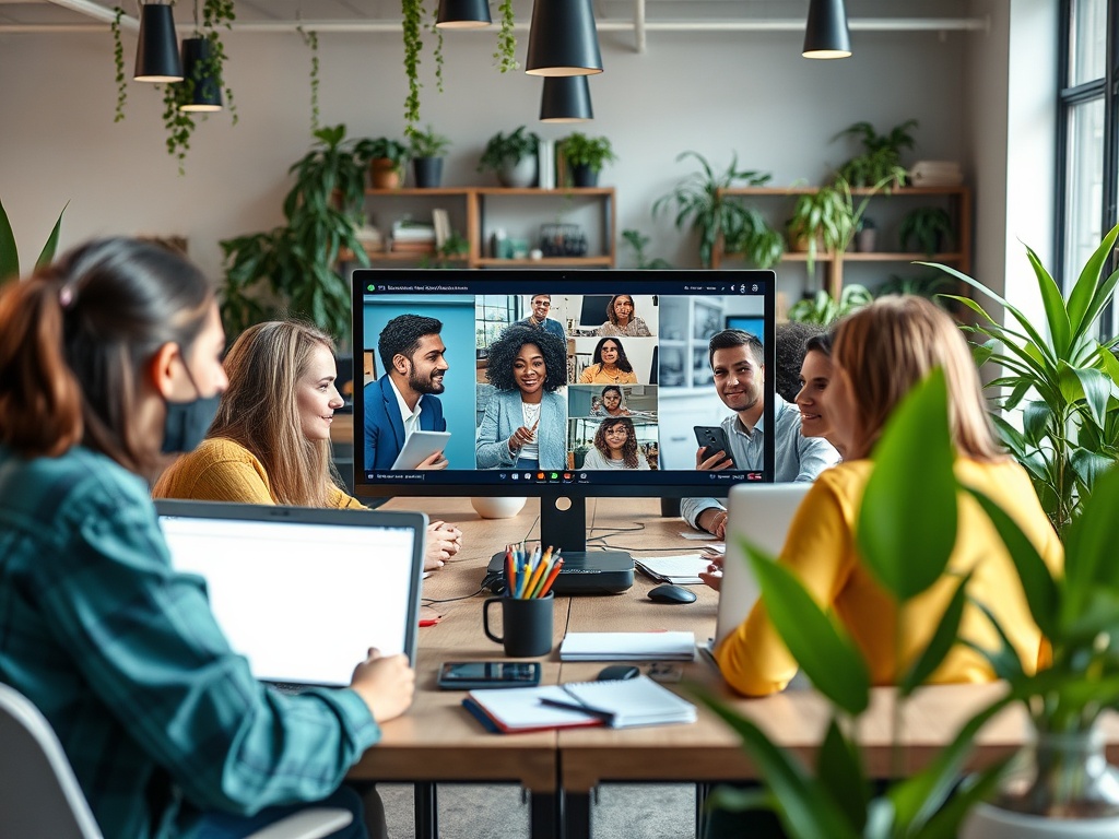 Команда обсуждает идеи во время видео-встречи в офисе, окружённом зелеными растениями.