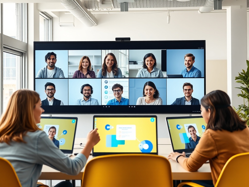 На видеозвонке участники обсуждают проект, двое человек работают на компьютерах в офисе.