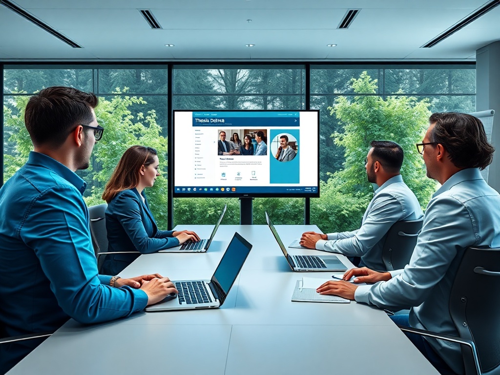 Четыре человека в офисе смотрят на экран с презентацией и работают на ноутбуках. Зеленый вид за окном.