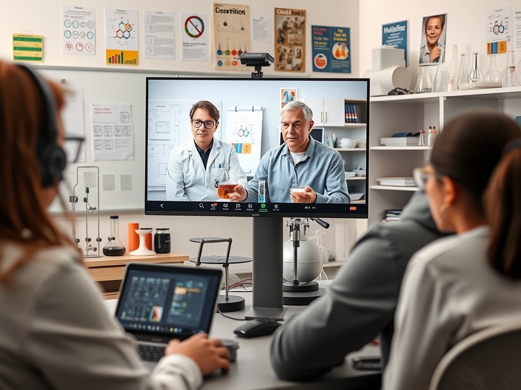 На изображении группа студентов слушает онлайн-лекцию двух преподавателей в лаборатории.