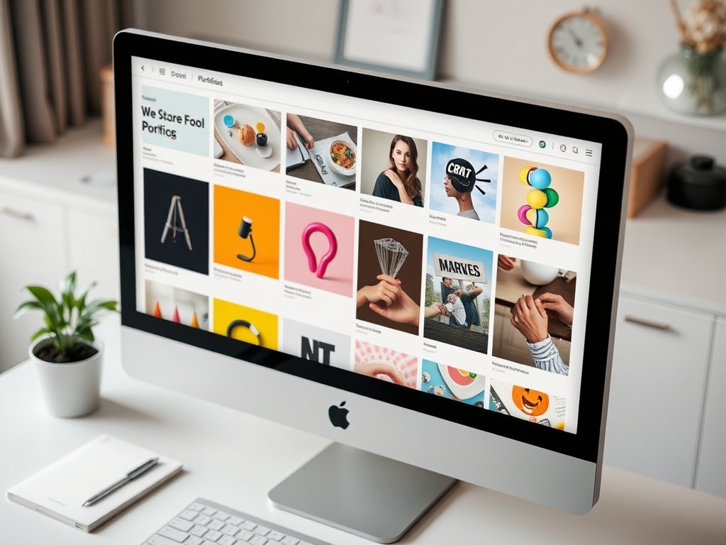 На экране компьютера отображается портфолио с яркими изображениями и проектами. На столе цветок в горшке.