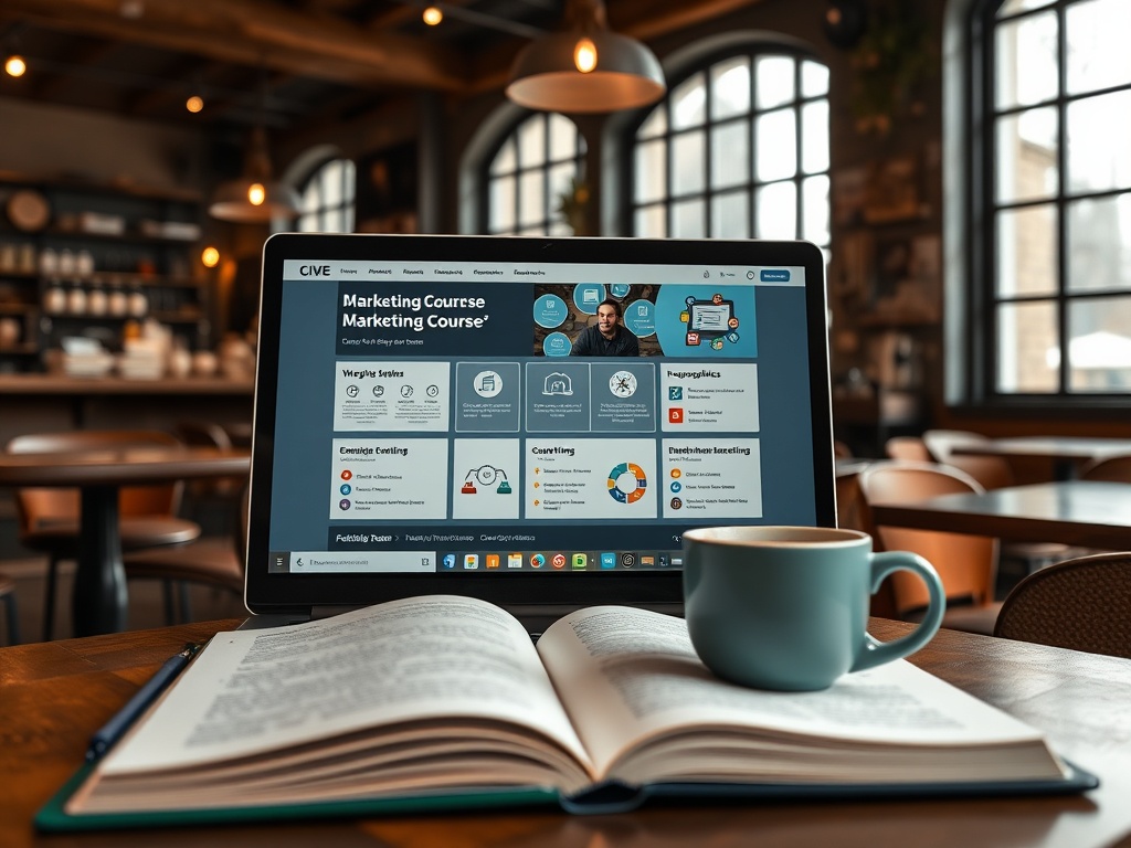 Ноутбук на столе в кафе с открытым учебником и чашкой кофе, отображающий курс по маркетингу.
