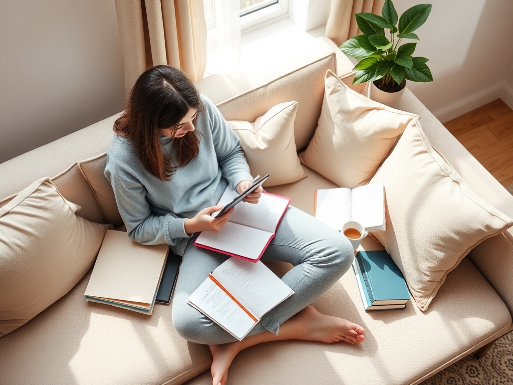 Женщина читает книгу на диване, окруженная книгами и чашкой кофе, в уютной обстановке.