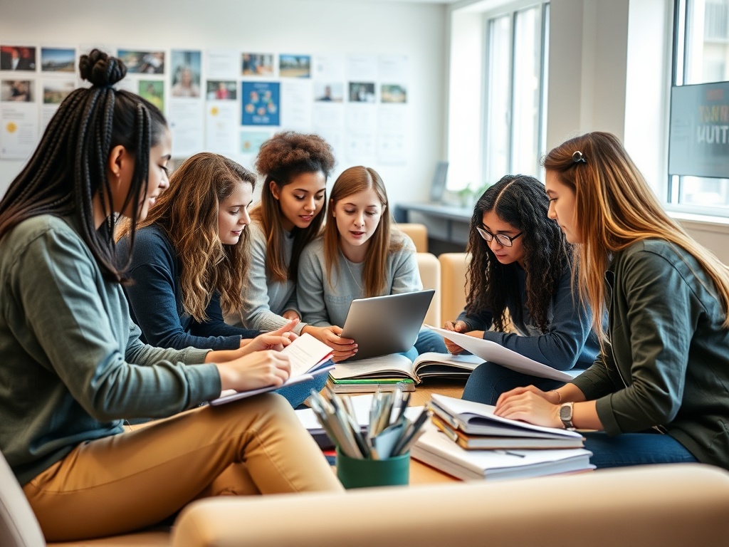 Группа студентов обсуждает за столом, окруженная книгами и ноутбуком, работа в команде.