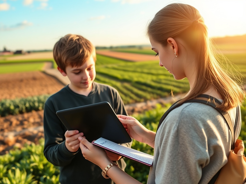 Два человека на фоне поля, один держит планшет, другой — заметки. Солнечный день и зелёные растения вокруг.