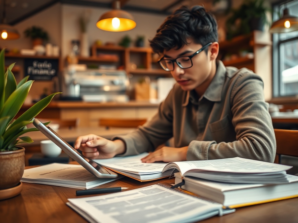 Молодой человек учится в кафе, окруженный книгами и растениями, использует планшет для учебы.