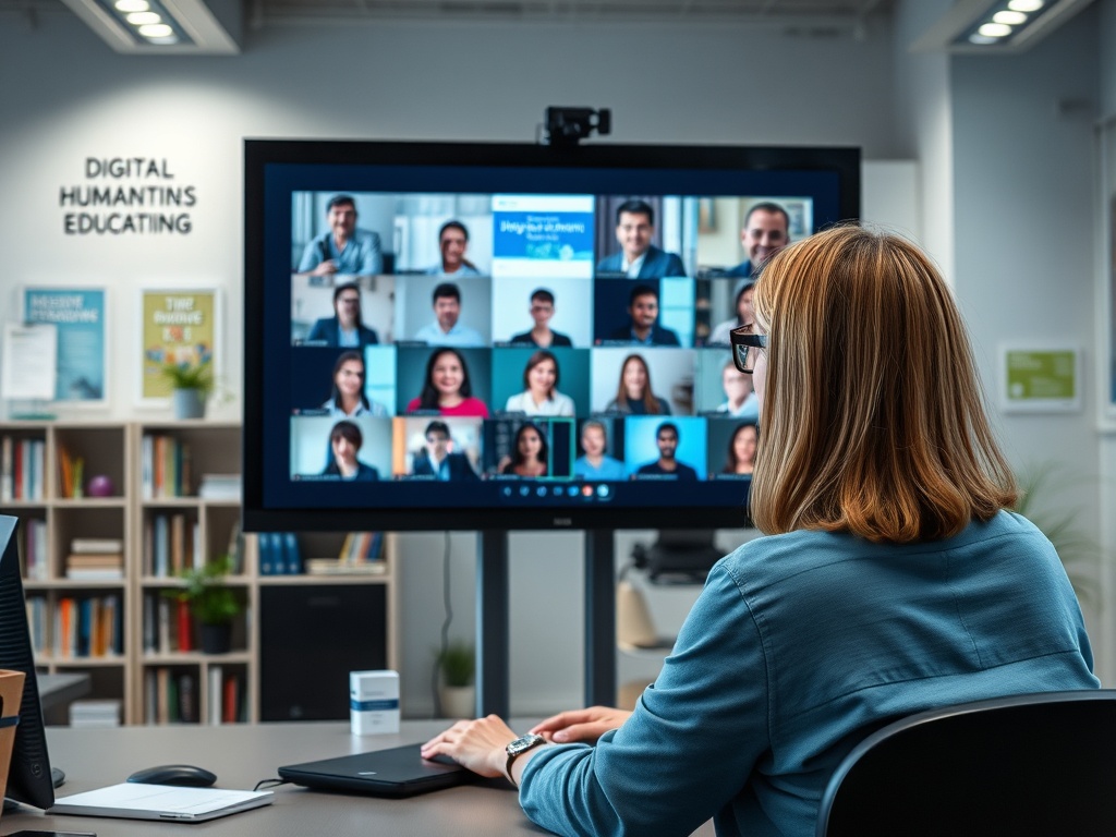 Женщина сидит за столом, участвуя в видеоконференции с группой людей на экране. На стене — надпись о цифровом обучении.