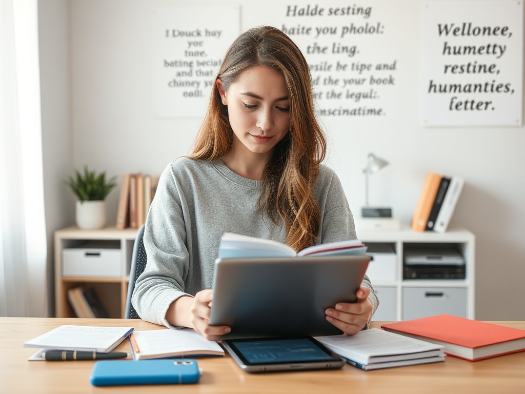 Девушка изучает материалы за столом, окружённая книгами и учебными принадлежностями. Светлое пространство.