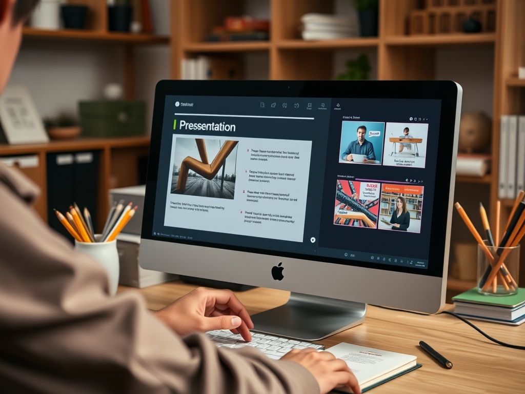 Человек за компьютером, работающим над презентацией и заметками на столе с канцелярией.
